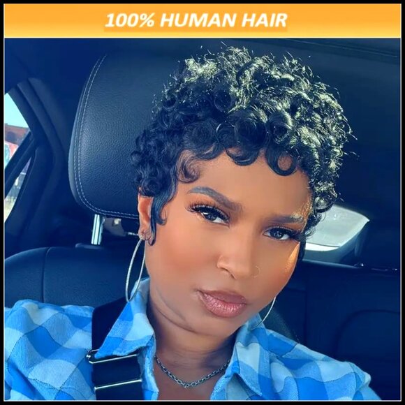 Pixie Cut Human Hair Wig Glueless Pre Plucked Curly With Bangs Daily Wear main image 5